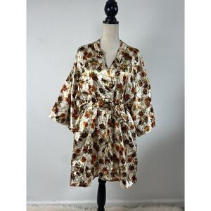 Night Essence Vintage Satin Retro Floral 3/4 Sleeve Kimono Dressing Robe Size 2X